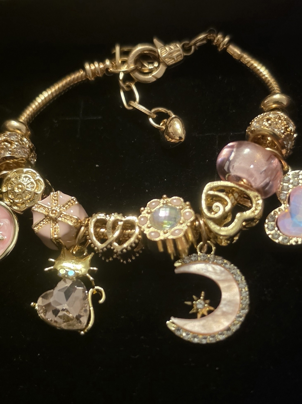 Gold Tone Pink Charm Bracelet with Moon & Cat Charms